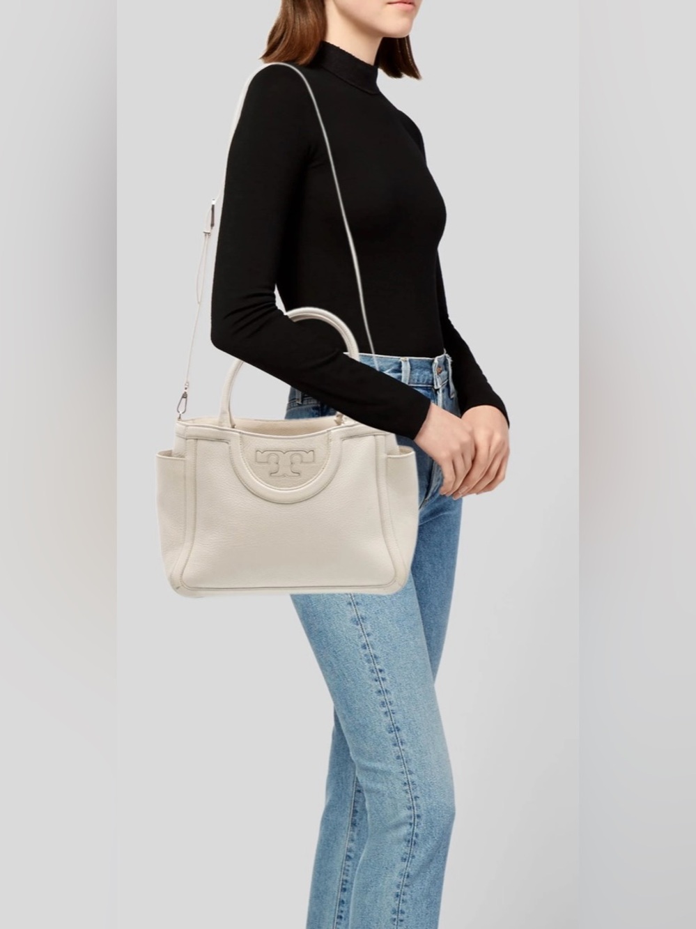 Tory Burch White Pebble Leather Serif T Leather Crossbody Satchel